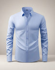 Men's slim-fit stretch dress shirt, light blue button-front, long sleeves, pointed collar.