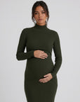 Maternity bodycon dress in dark green ribbed knit, long sleeves, high turtleneck