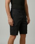 Men's black cargo shorts with thigh cargo pocket and straight relaxed legs