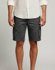 Men's dark gray cargo shorts with flap pockets and belt loops