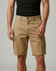 Men's beige cargo shorts with side cargo pockets and button fly