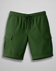 Men's green cargo shorts with elastic drawstring waistband and side cargo pockets