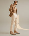 Men's suede square-toe Chelsea boots, tan with black side elastics and sole