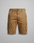 Men's tan cargo shorts with belt loops and side flap pockets