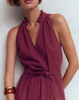 Sleeveless V-neck dress with gathered neck and tie waist in burgundy