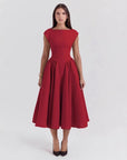 Red cap-sleeve midi dress with fitted waist and flared gathered skirt
