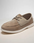 Men's beige suede lace-up driving loafers, stitched vamp, white flat sole