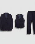 Men's 3-piece suit set laid flat: blazer, vest, and trousers, navy