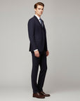 Men's 3-piece suit with notch lapel blazer and vest, navy, side view