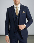 Navy three-piece suit set with tailored jacket, waistcoat, and matching trousers