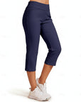 Navy blue capri pants with stretch seams and cropped straight-leg cut