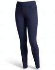 Navy blue fitted capri pants with smooth pull-on waist and tapered legs