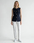 Navy tweed sleeveless vest with gold buttons, patch pockets, and waist tie belt