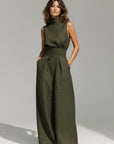 Dark olive sleeveless high-neck tank top and wide-leg trousers set, pleated waist