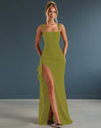 Lime green evening maxi dress with square neckline and side slit
