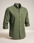Men's slim fit long sleeve button-up shirt, solid olive green with chest pocket