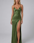 Green satin maxi dress with V-neck and high leg slit