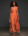Orange sleeveless V-neck maxi dress with floral panel hem and gathered waist