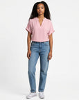 Light pink lightweight chiffon blouse with V-neck and flutter short sleeves