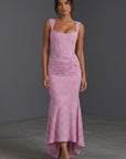 Lilac sleeveless jacquard gown with ruched fitted skirt and asymmetric mermaid hem