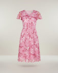 Pink floral chiffon midi dress with short sleeves and V-neck, fitted waist