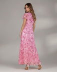 Pink floral chiffon midi dress with V-neck and short flutter sleeves