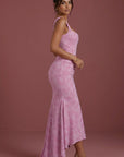 Lilac jacquard gown with ruched bodice, square neckline, sleeveless straps, mermaid hem