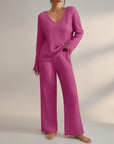 Pink ribbed knit V-neck top and wide-leg trousers lounge set
