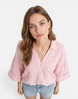 Lightweight cotton blouse, pink, relaxed fit, V-neck button front with short dolman sleeves