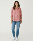 Pink linen-cotton blend button-up shirt, relaxed fit, three-quarter sleeves
