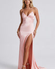 Pink satin maxi dress with V-neck and high leg slit