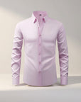 Men's slim-fit stretch dress shirt, pink button-front long sleeves, pointed collar.