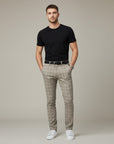 Gray plaid slim-fit ankle-length trousers with belt loops and button fly