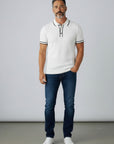 Men's white ribbed polo shirt with dark button placket and short sleeves