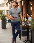 Men's grey ribbed polo shirt with button placket and short sleeves