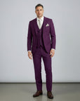 Wine three-piece suit set with tailored jacket, waistcoat, and matching trousers