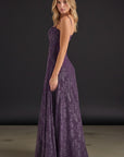 Purple floral maxi dress with spaghetti straps, fitted bodice and flowing full skirt