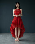 Red sleeveless high-low cocktail dress with lace neckline and chiffon layered hem