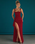 Burgundy evening maxi dress with square neckline and thigh-high slit