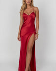 Red satin maxi dress with V-neck front and high leg slit