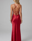Red satin maxi dress with crisscross lace-up back and open back