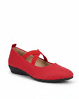 Red wedge ballet flats with ankle strap and cross strap cutouts, closed toe.