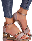 Women’s strappy block heel sandals with ankle strap, open toe, rose glitter straps, gold trim