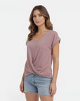 Cotton V-neck twist-front T-shirt, short sleeves, mauve pink