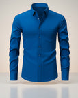 Men's slim fit stretch long sleeve shirt, bright blue, button-front, long sleeves