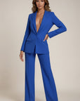 Blue tailored suit with V-neck blazer and wide-leg trousers, long sleeves