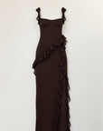 Brown maxi dress with ruffled trim and V-neck back, thin shoulder straps