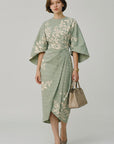 Green floral wrap midi dress with kimono sleeves and tied waist