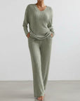 Green ribbed knit V-neck top and wide-leg trousers loungewear set