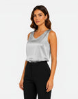 Gray satin sleeveless V-neck blouse with smooth drape front.